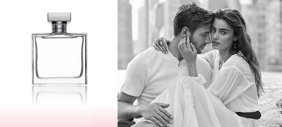 Bottle of Romance perfume & Taylor Hill & Michael Stephen Shank