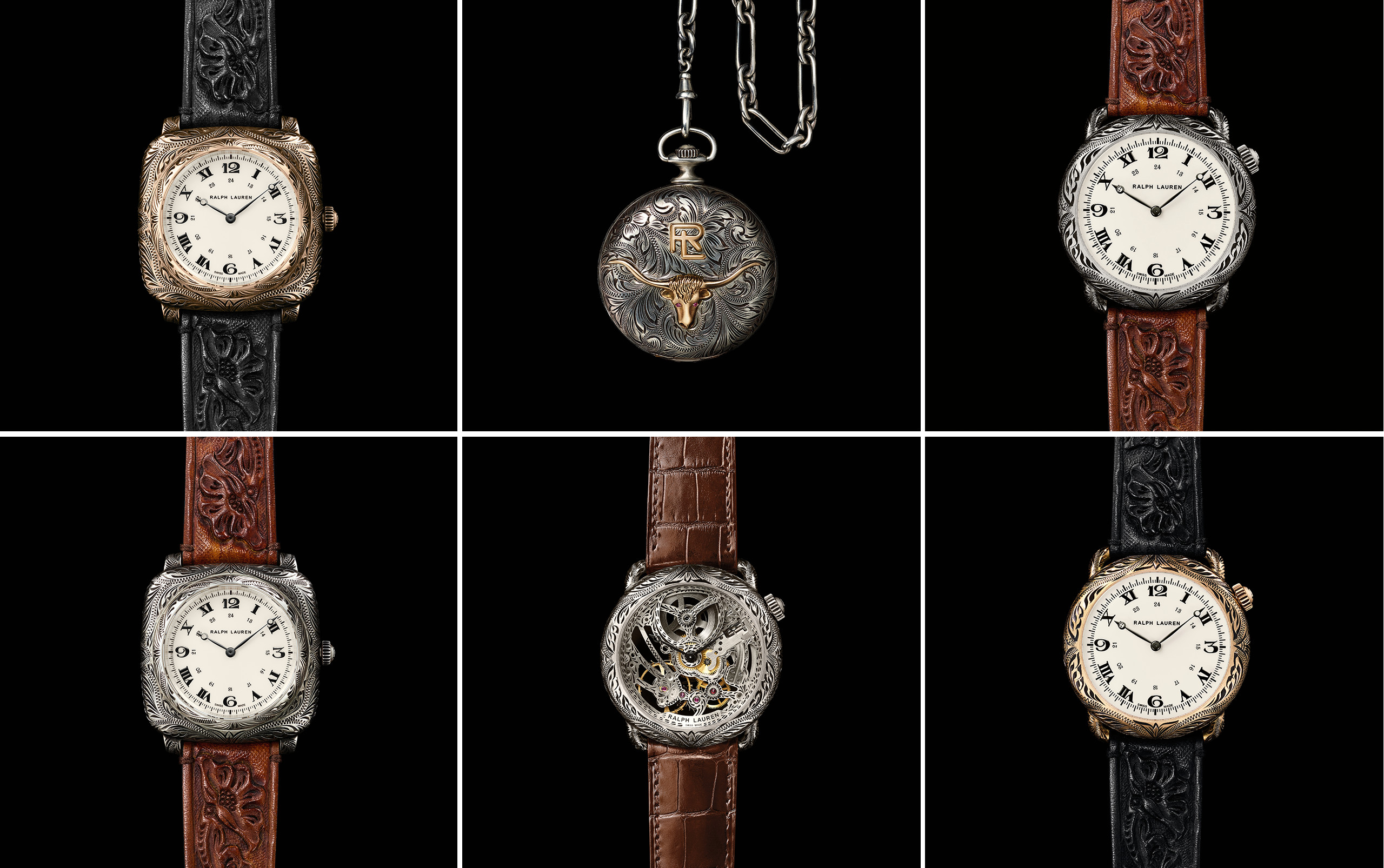 The six models in the American Western watch collection, clockwise, from top left: Rose Gold Cushion, Pocket, Sterling Silver Round, Rose Gold Round, Round Skeleton, Sterling Silver Cushion