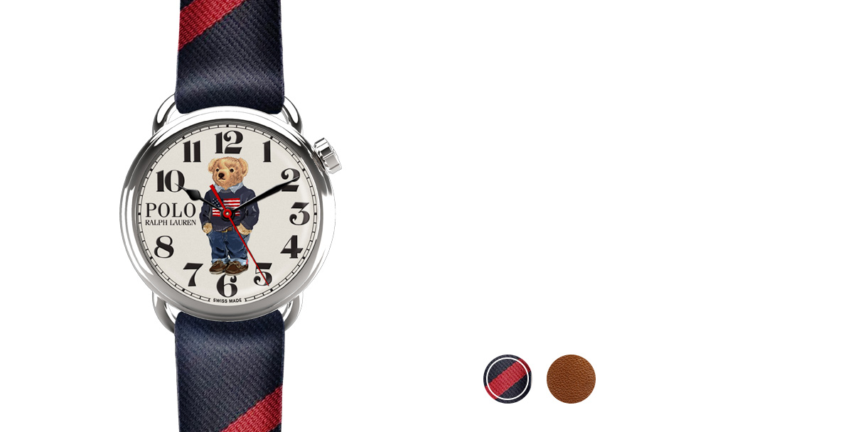 Watch with grosgrain, necktie-inspired strap & printed bear in flag sweater