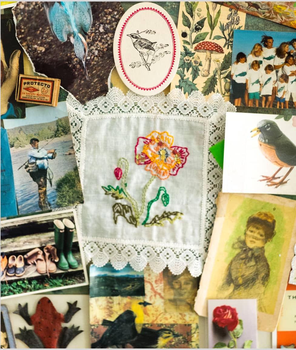 Lopsided layers of family photos, postcards, images torn from magazines, a romantic embroidery, a metal frog, a vintage box of matches, and a miniature masterpiece taped inside a vintage picture frame (seen in full below) create a charming collage full of memories