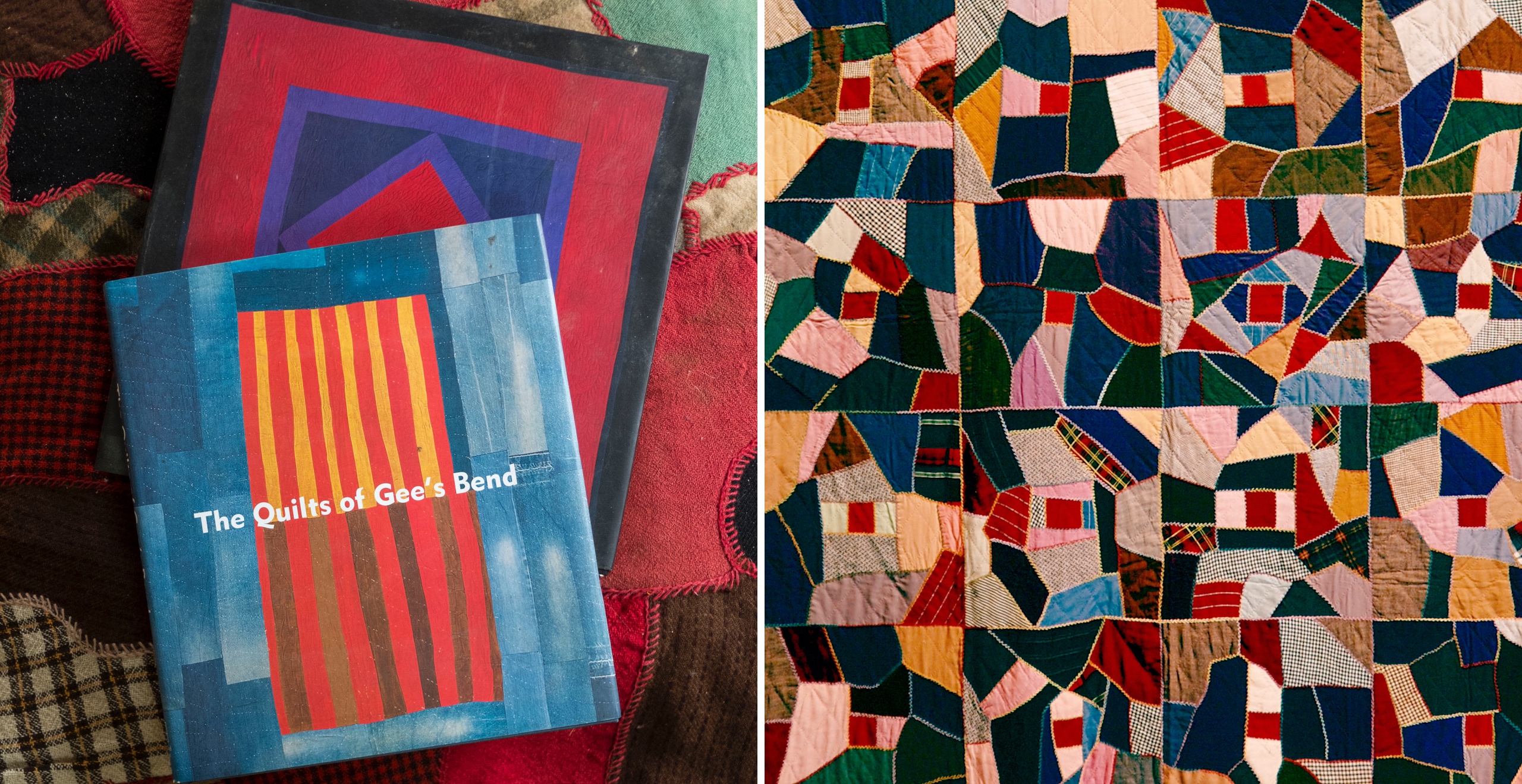 <em>Left to right:</em> Over time the humble patchwork quilt was celebrated as art featured in books and museum exhibitions. When textile patches were stitched together haphazardly they were known as “crazy” quilts