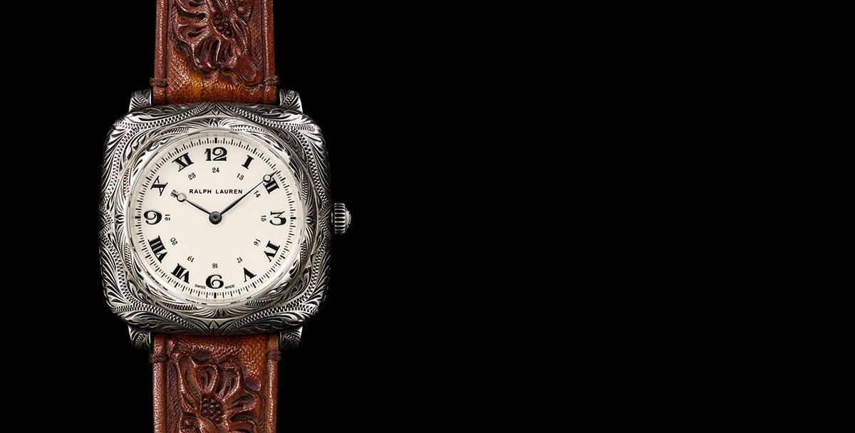 Squared watch with intricate engraving & hand-tooled brown leather strap 