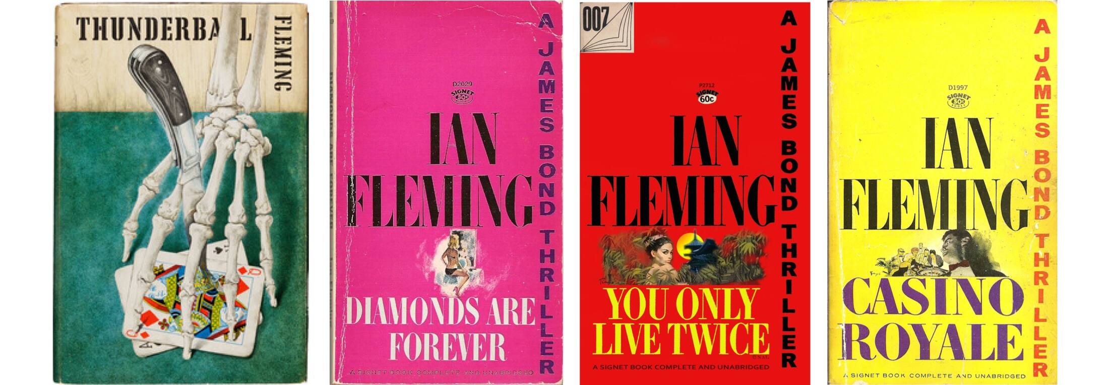 <strong>HIDDEN LIFE </strong><br/><span>From top: Fleming, in 1964, on the beach of his beloved Jamaica, where he spent much of his time; on a walk in London with his wife, Ann, who was &ldquo;casually brutal to Fleming after taking him as her third husband&rdquo;; a rare first edition of <em>Thunderball</em>, the ninth book in the Bond series, which was published by Jonathan Cape in 1961, and the colorful Signet paperback editions, which began to appear around the same time</span>