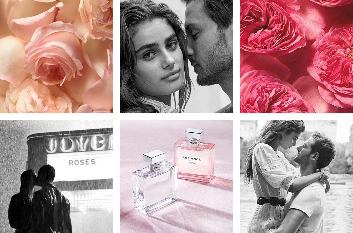 Grid of roses, bottles of Romance, Taylor Hill & Michael Stephen Shank