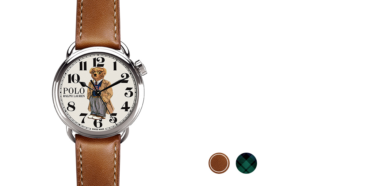Watch with brown leather strap & printed bear in overcoat & glasses