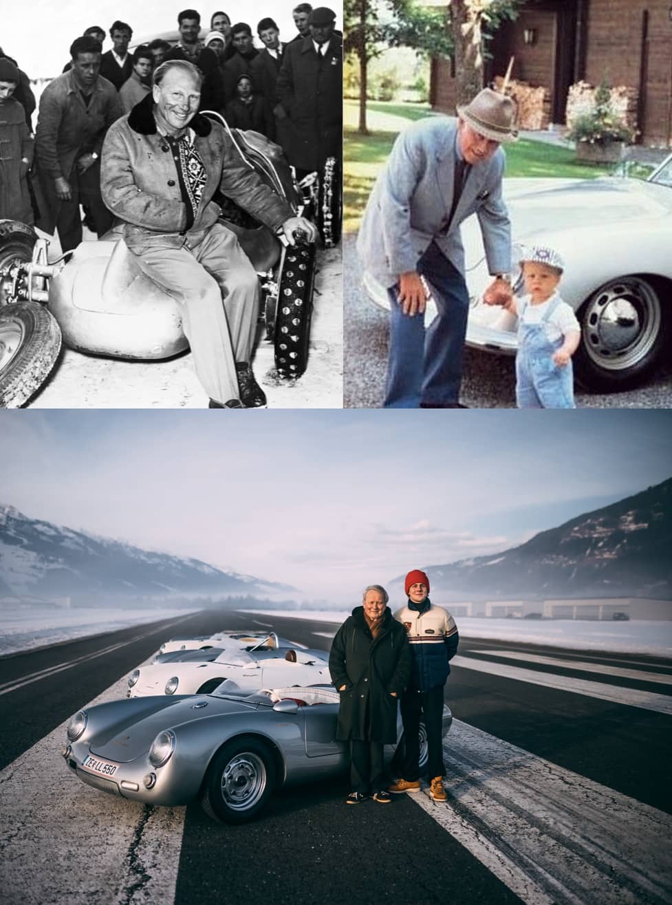 <span>(Top Left) The original Ice Races were held in Zell am See in honor of Ferdi&rsquo;s great-grandfather, Professor Ferdinand Porsche. Here, Porsche race car driver Otto Math&eacute;, who won the Ice Race five times, is pictured with his self-constructed car, the Fetzenflieger, or &ldquo;Tatter Flinger,&rdquo; named for the trail of flaming tatters it would leave in its wake </span><br/><br/><span>(Top Right) Three-year-old Ferdi and his grandfather, Ferry Porsche, stand in front of the first car his grandfather ever produced under his own name </span><br/><span class="caption-sub"><em>Photo credit: Susanne Porsche</em></span><br/><br/> <span>(Bottom) Ferdi (right) with his father, Dr. Wolfgang Porsche (left), at the 2021 Ice Race, a row of the classic Porsche 550 Spyders behind them </span><br/><span class="caption-sub"><em>Photo credit: Stephan Bauer </em> </span><br/>