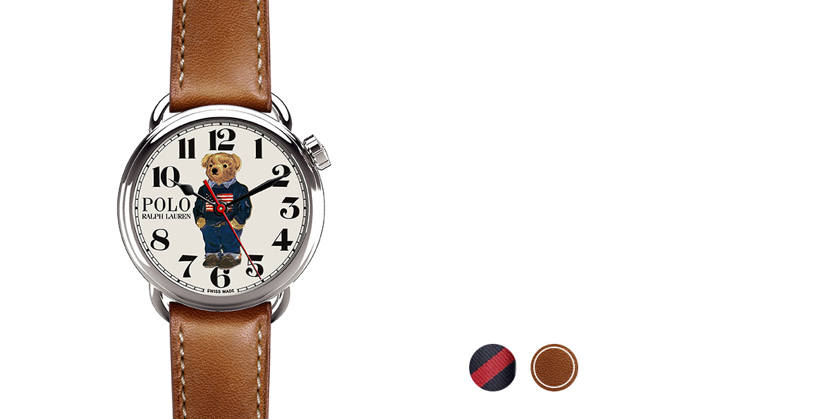 Watch with grosgrain, necktie-inspired strap & printed bear in flag sweater