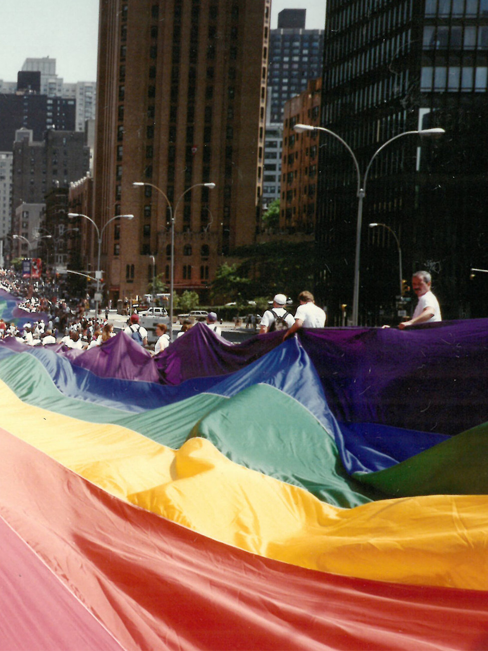 A mile-long version of the flag displayed down New York City’s First Avenue to commemorate the 25th anniversary of the Stonewall riots
