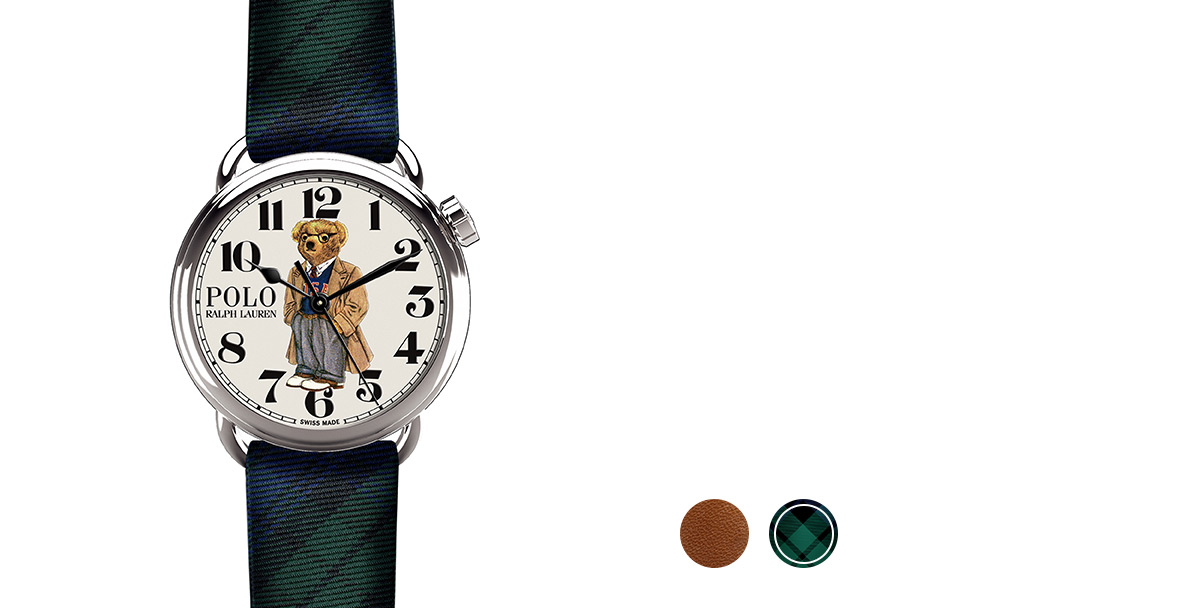Watch with brown leather strap & printed bear in overcoat & glasses