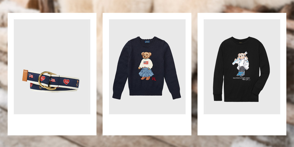 Belt with pattern of Flag Bears. Navy sweater with Flag Polo Bear at the front. White sneaker with Flag Bear at the side.