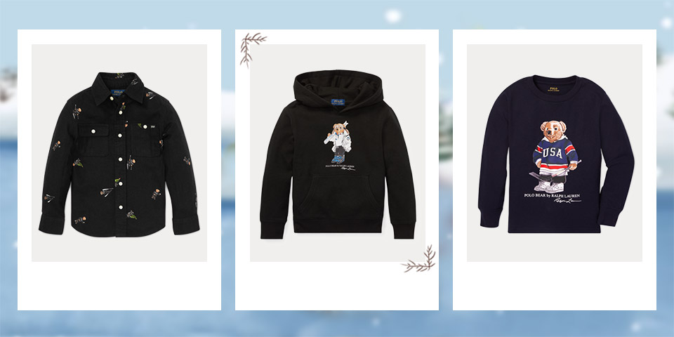 Long-sleeve button-down shirt with Winter Bears all over. Black hoodie with Polo Bear with skis at the front. Long-sleeve tee with Polo Bear dressed in hockey attire at the front.