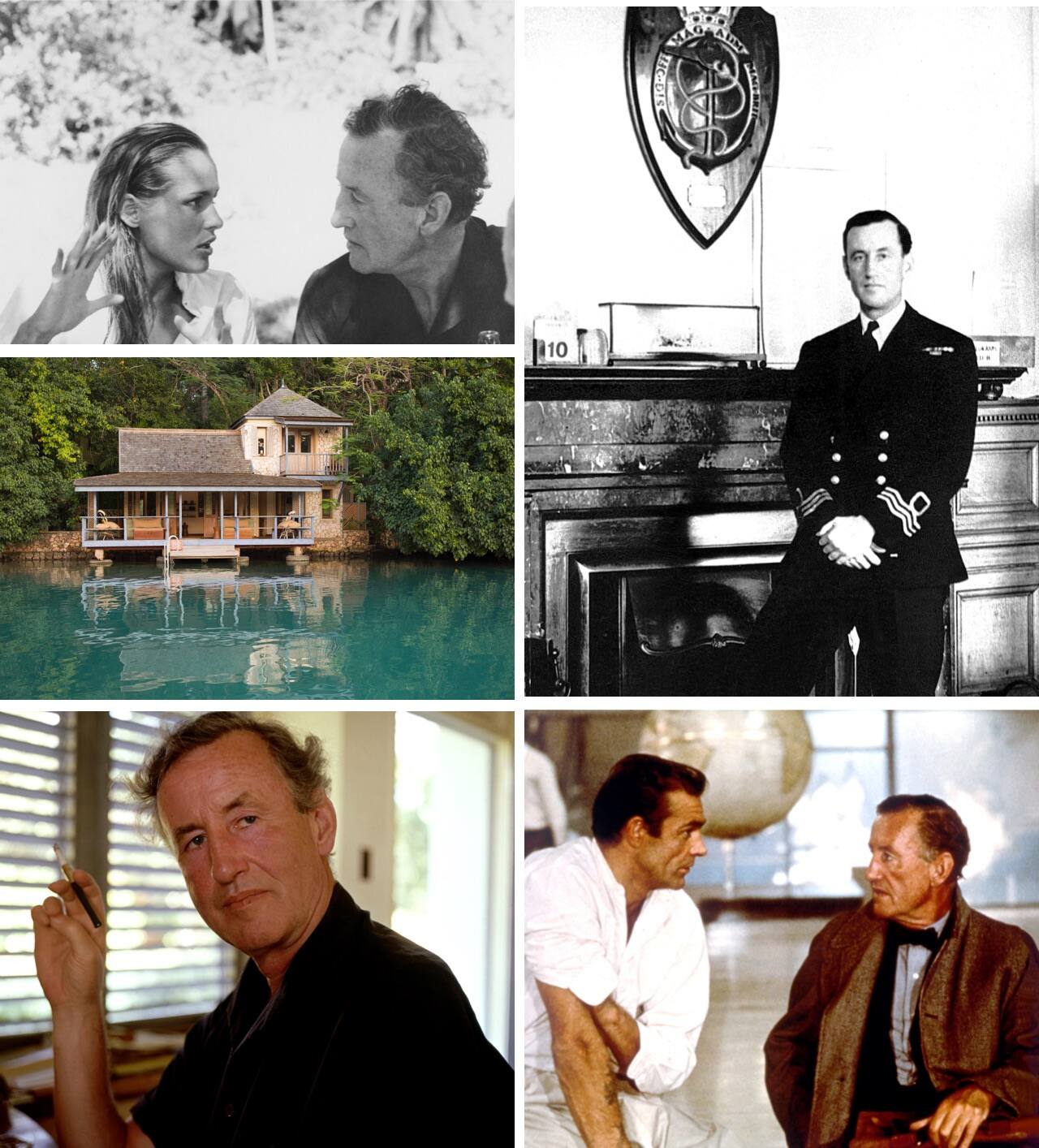 <strong>A SPY AMONG FRIENDS</strong><br/><span>Clockwise, from top: On the set of &ldquo;Dr. No&rdquo; with Ursula Andress; Fleming during the war when he ran 30AU, Number 30 Assault Unit; on the set with Sean Connery; at his writing desk at Goldeneye; and a view of the villa from the water</span>