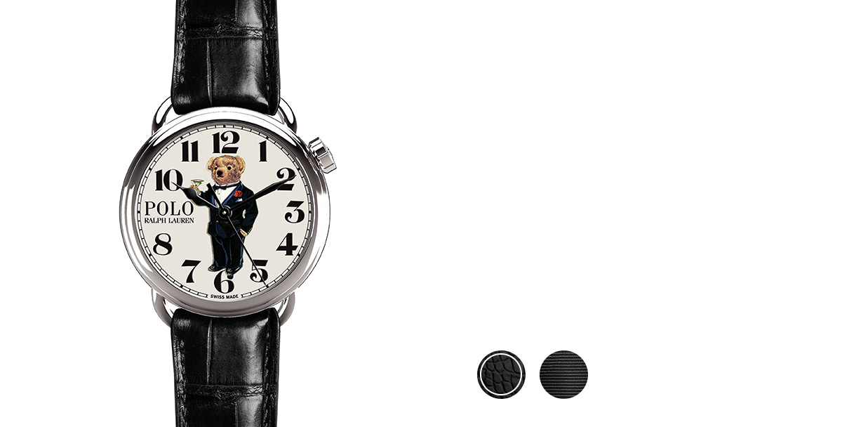 Watch with black alligator strap & printed bear in tuxedo