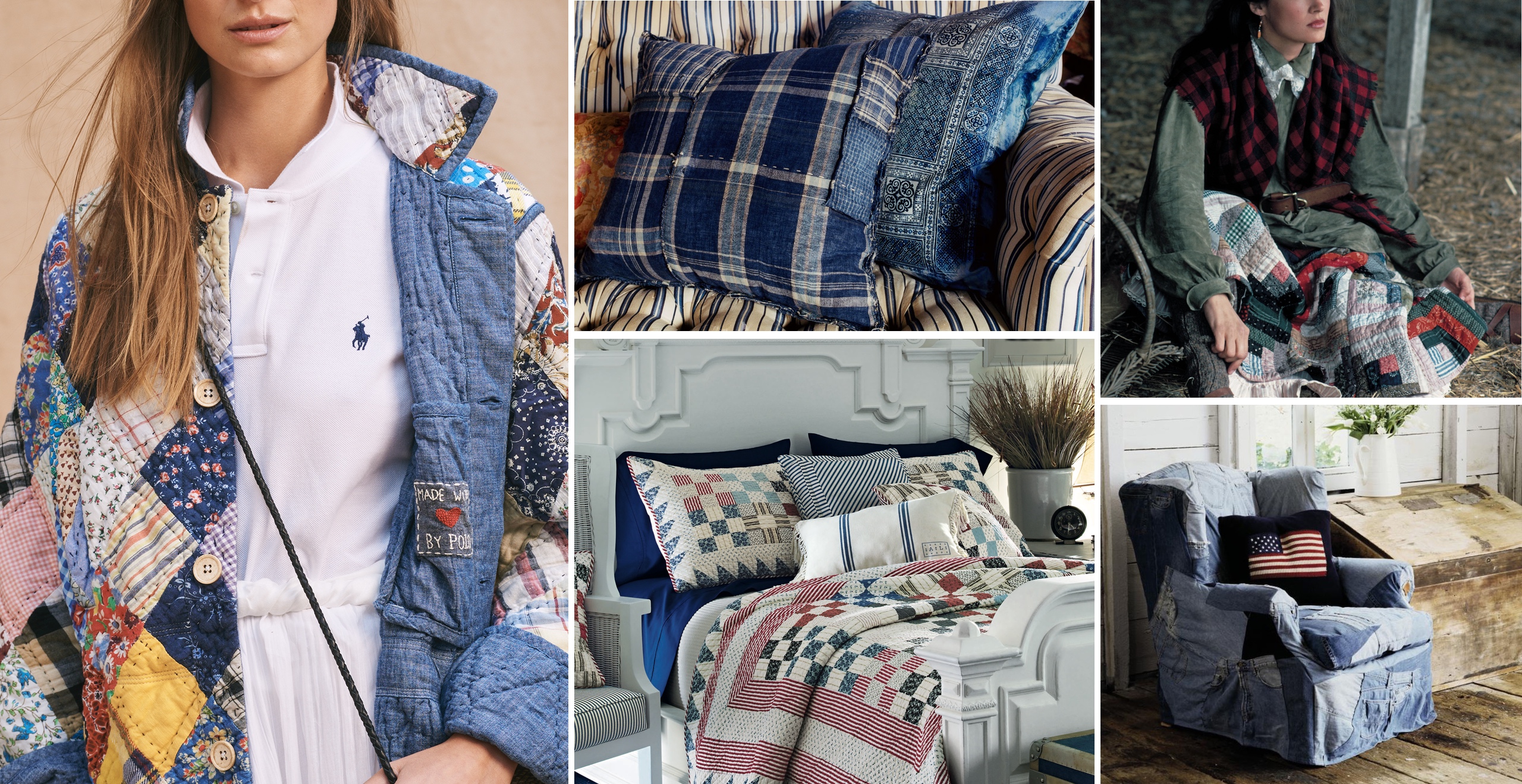 The charm and craft of patchwork celebrated in Ralph Lauren jackets, skirts, pillows, and coverlets,  as well as an armchair covered in a patchwork of vintage blue jeans