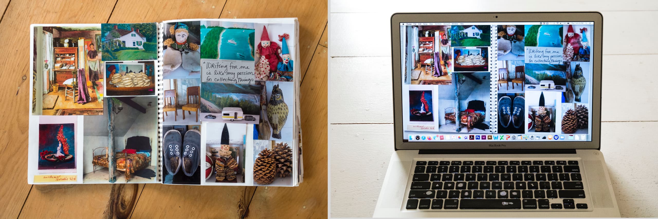 <em>Left:</em> A flea market collector&rsquo;s scrapbook of found treasures collaged into an oversize scrapbook. (Guess whose?); <em>Right:</em> Create a digital collage and save it on your computer&rsquo;s desktop. Personalize it with a handwritten message and change it often