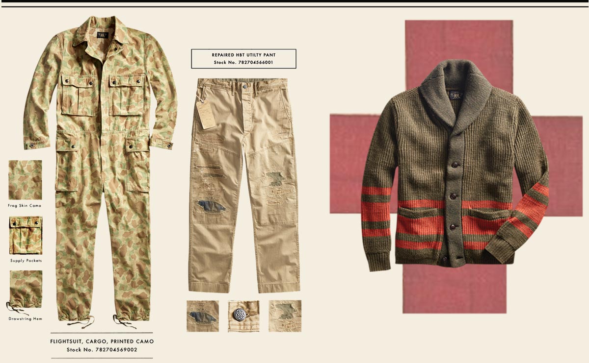 Camo jumpsuit & brown shawl cardigan with red stripe accents