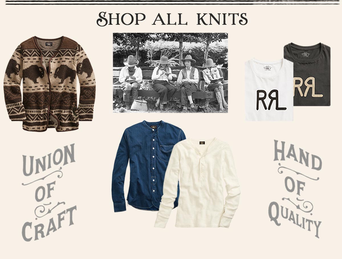 Bison-motif cardigan, white henley, indigo shirt & logo tees