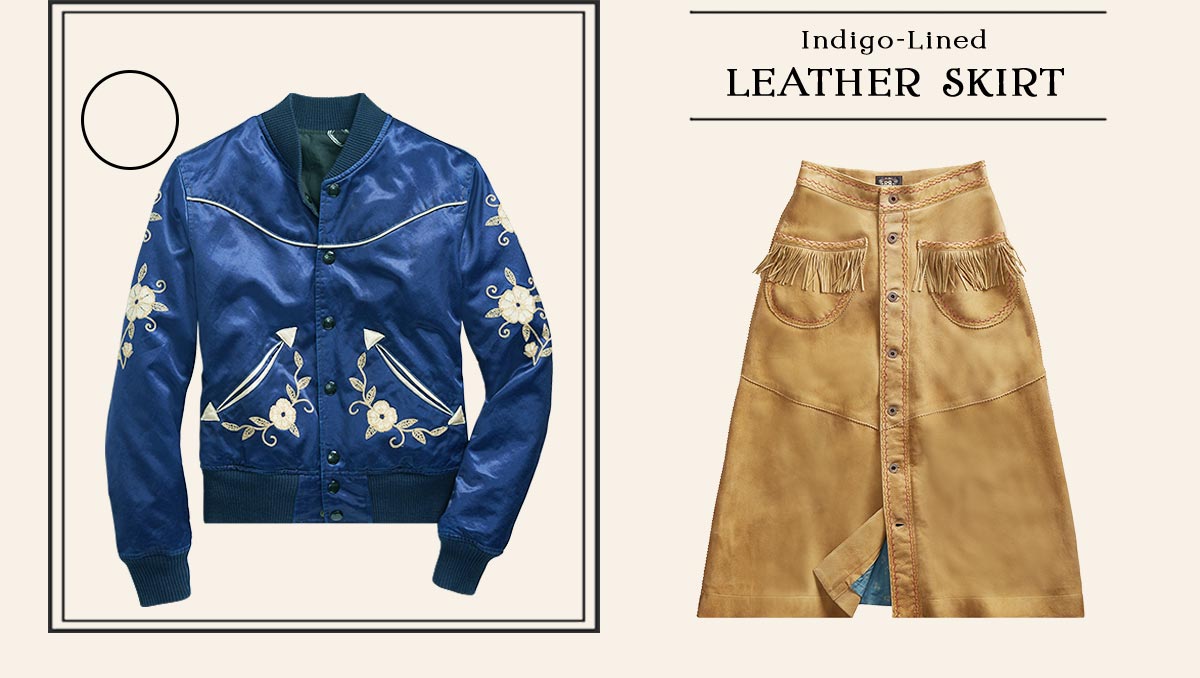 Blue satin jacket fringe leather skirt & red Western shirt