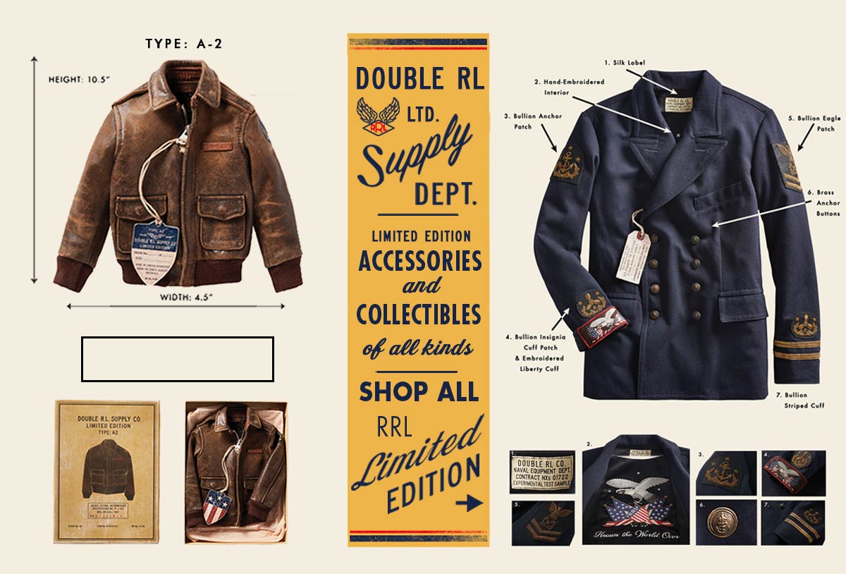 Leather bomber jacket & navy peacoat with military-inspired accents