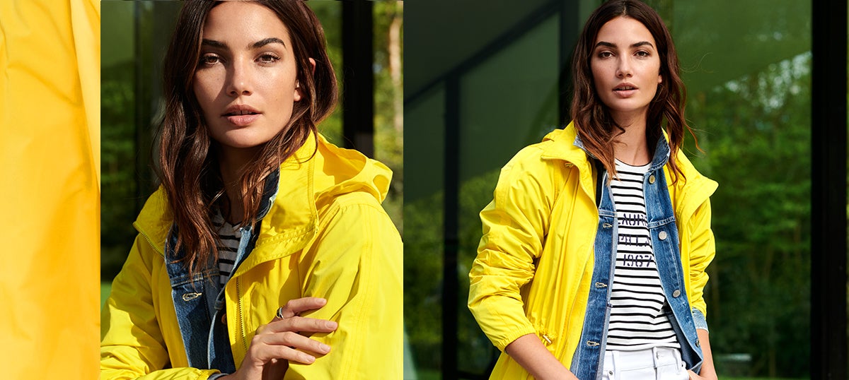 Woman in yellow hooded jacket with elasticized cuffs