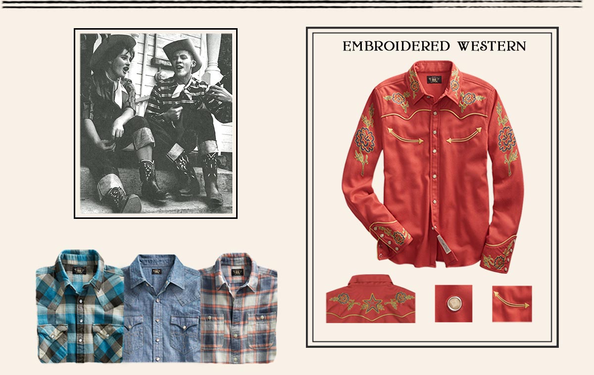 Blue satin jacket fringe leather skirt & red Western shirt