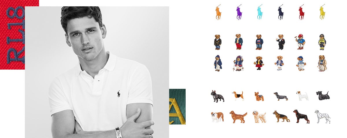 Man in white custom Polo shirt; Rows of Polo Pony, Polo Bear, and pup embroidery options