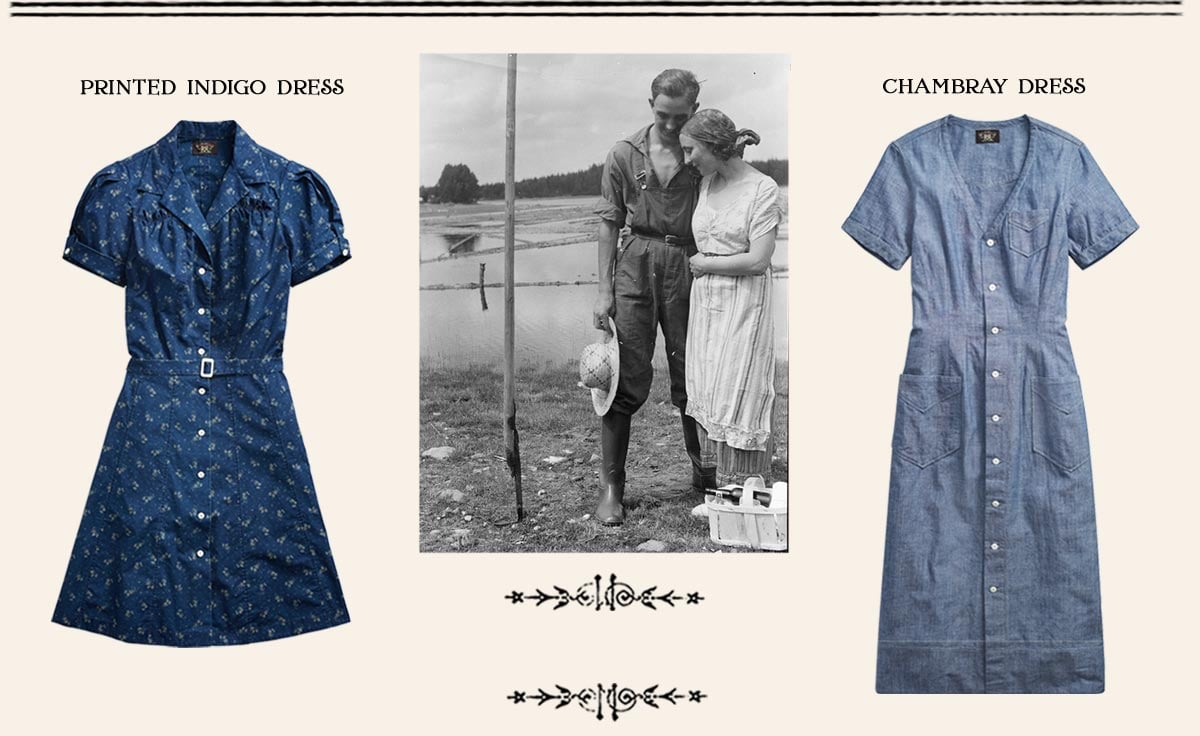 Indigo & chambray dress & photograph of couple on ranch