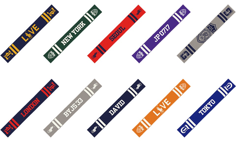 Grid of scarves in various hues & with custom graphics