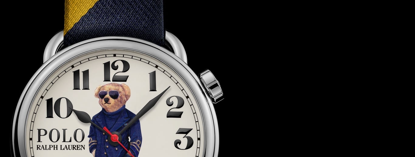 Watch with Nautical Bear at face & navy & yellow striped strap